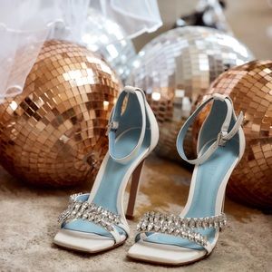 SCHUTZ LINSEY RHINESTONE HEEL White Leather Ankle Strap High Heel Size 6.5